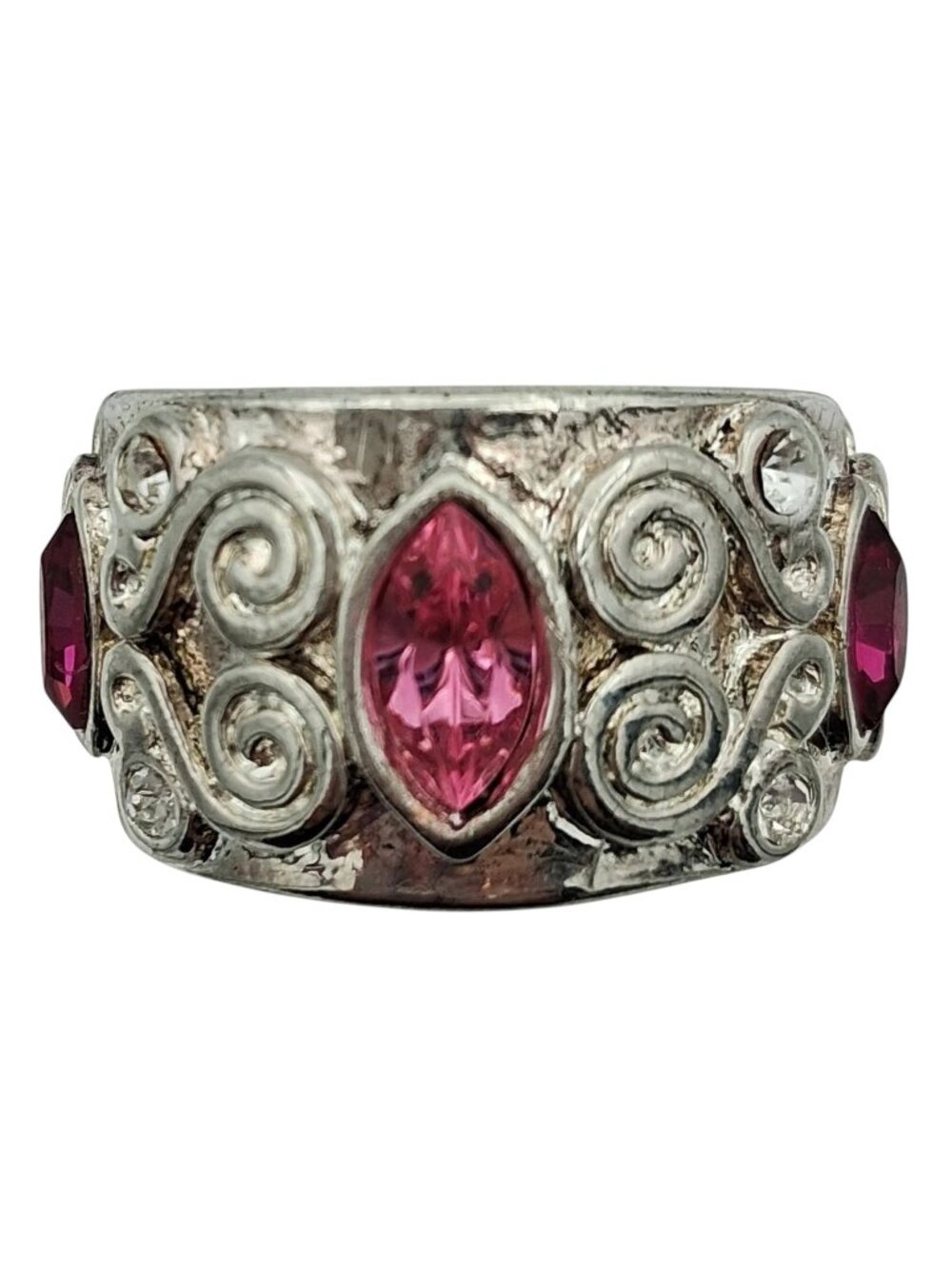 Pink Crystal Band Ring Sz 7 Silver Tone Swirls Boho Glam Vintage Style